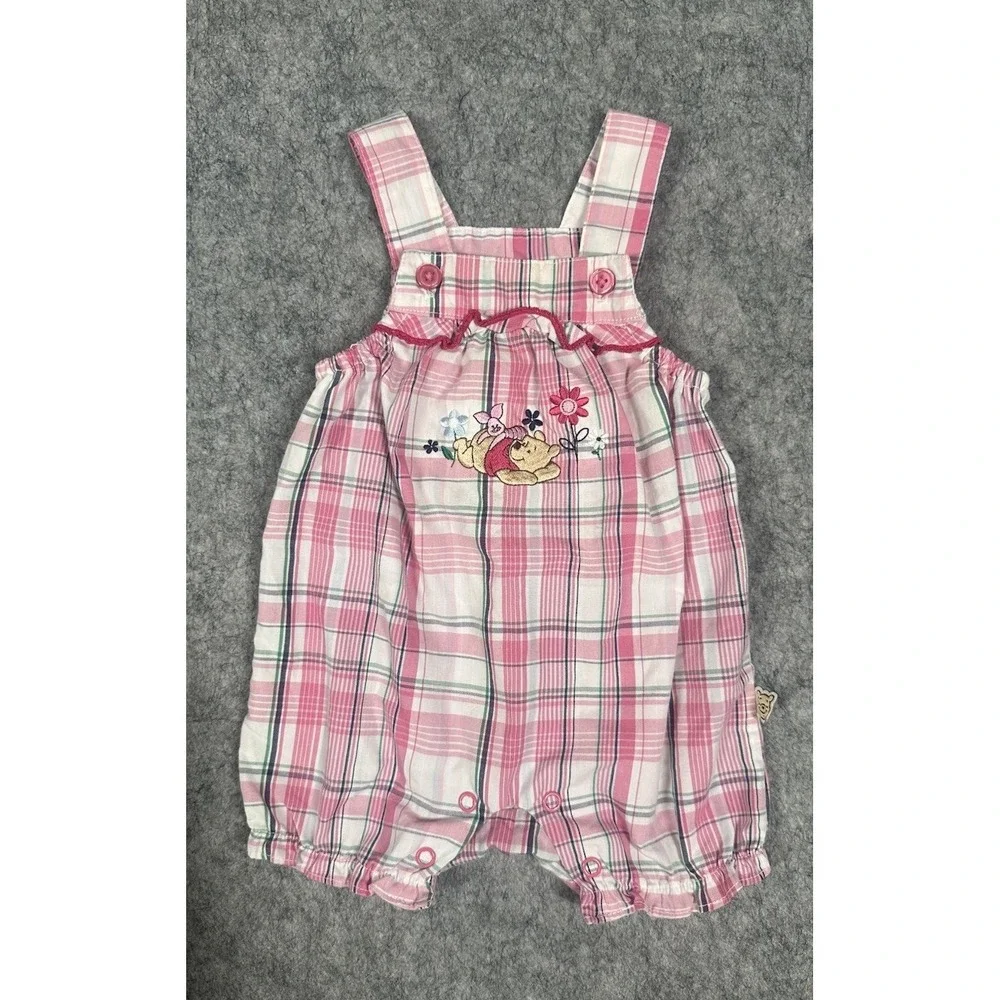 Vintage Disney Winnie the Pooh 0-3M Plaid Overalls Shortalls Bibs Pink Girls